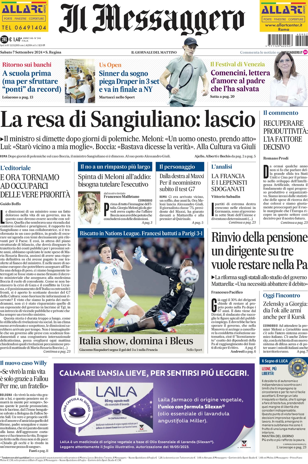 anteprima della prima pagina di Il Messaggero