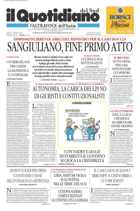 anteprima della prima pagina di Il Quotidiano del Sud L'Altravoce