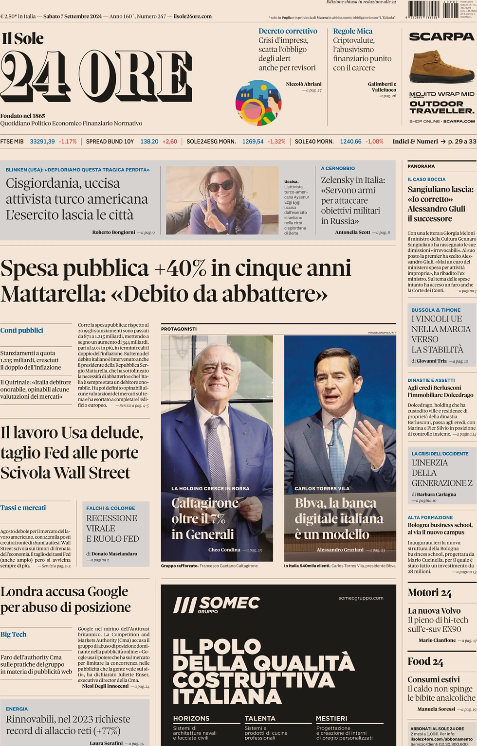 anteprima della prima pagina di Il Sole 24 Ore