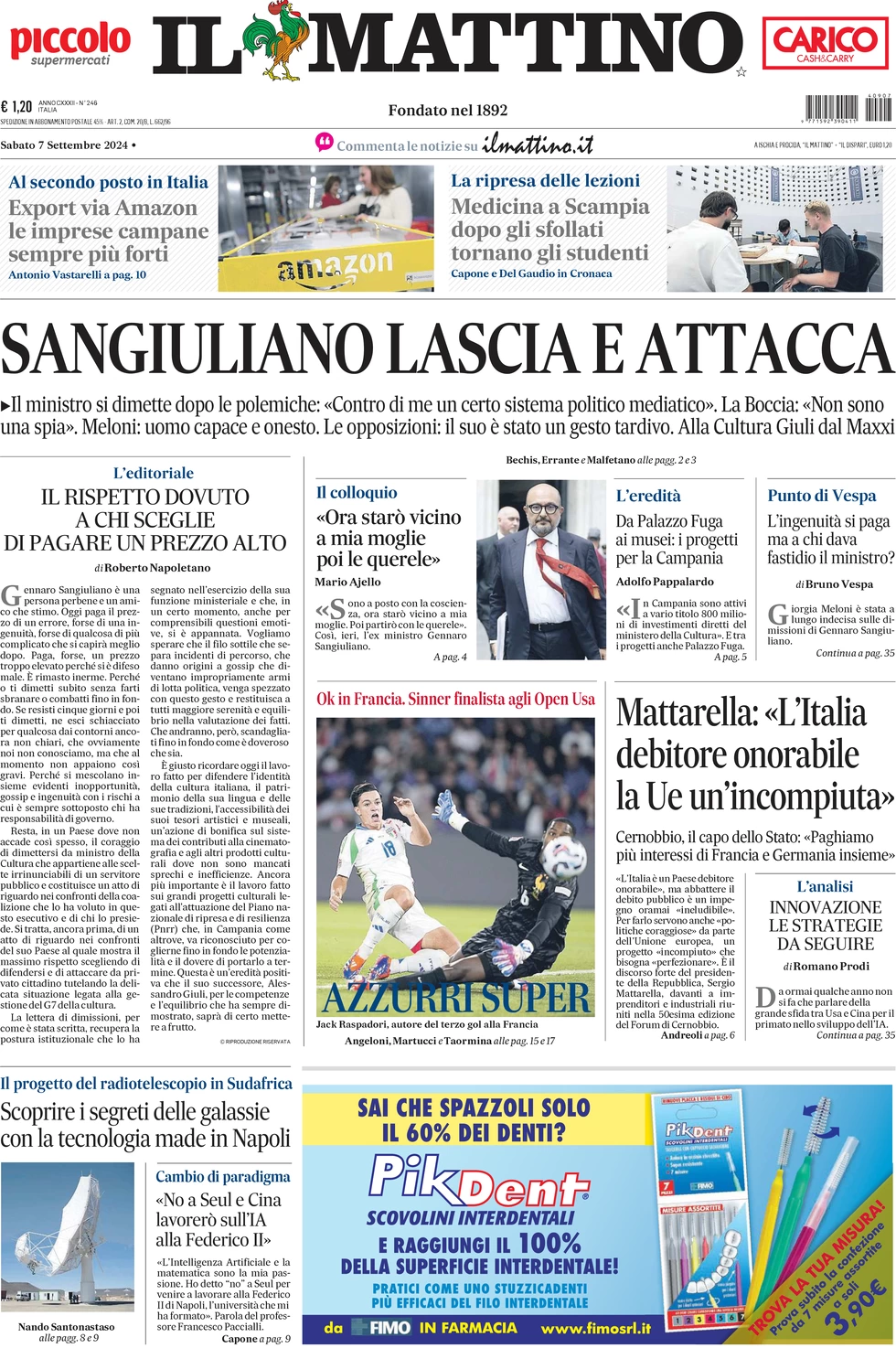 anteprima della prima pagina di il-mattino del 07/09/2024