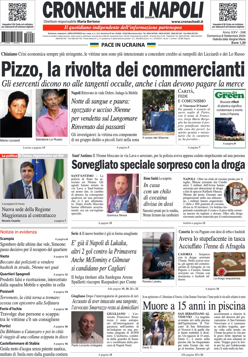 anteprima della prima pagina di cronache-di-napoli del 08/09/2024