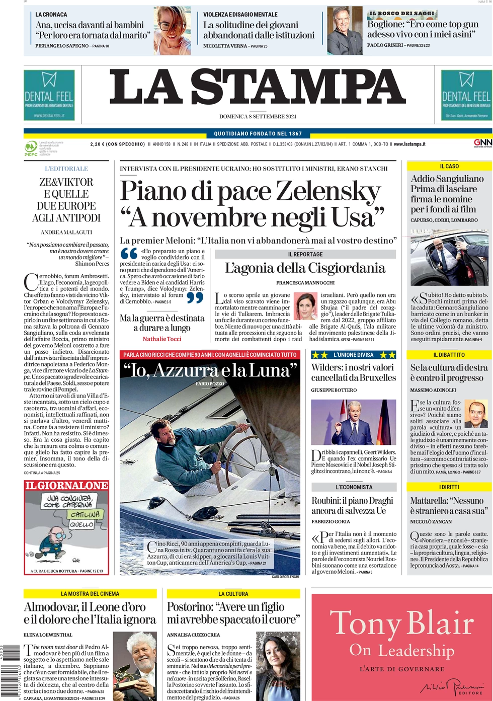 anteprima della prima pagina di la-stampa del 08/09/2024