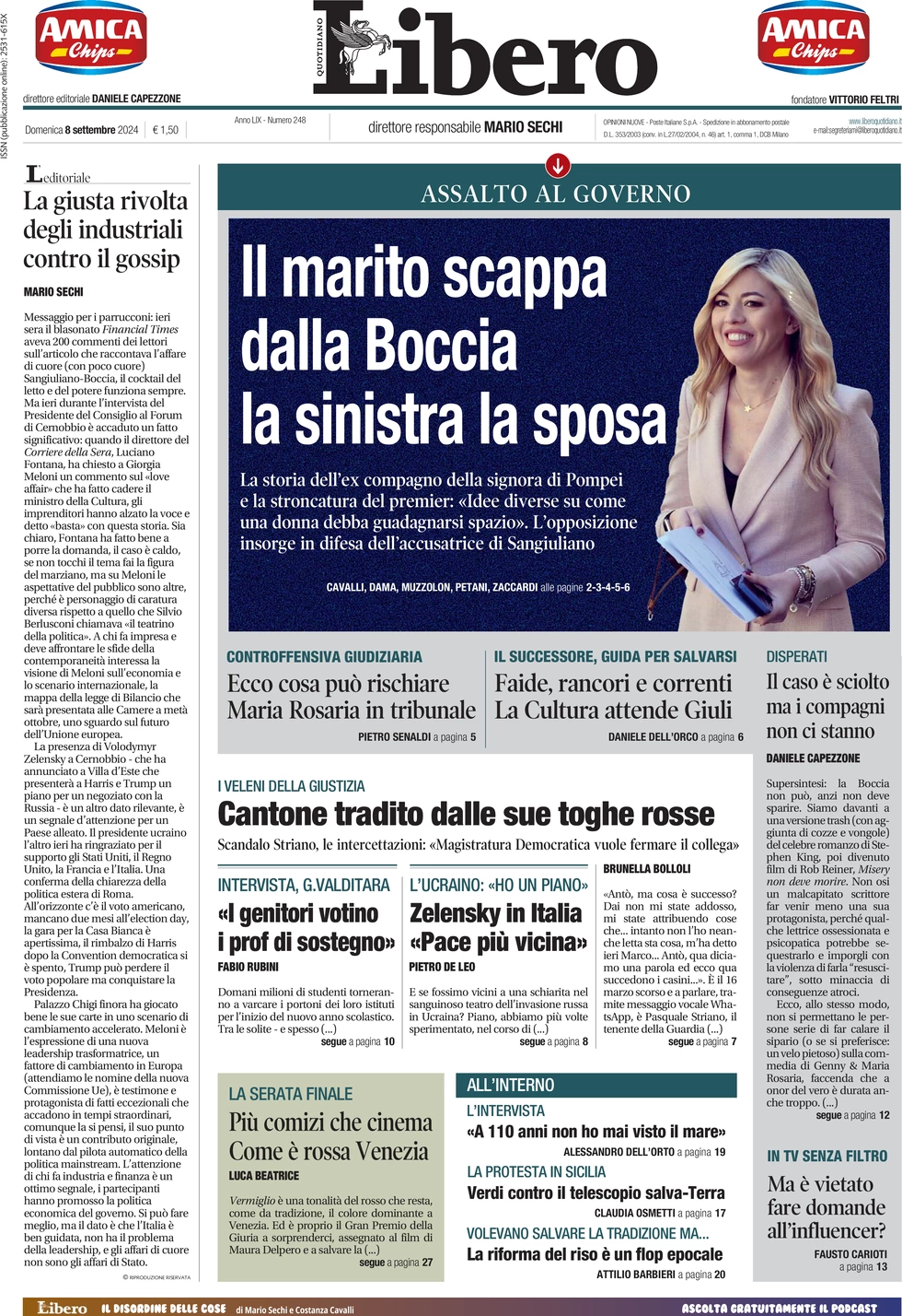 anteprima della prima pagina di libero-quotidiano del 08/09/2024