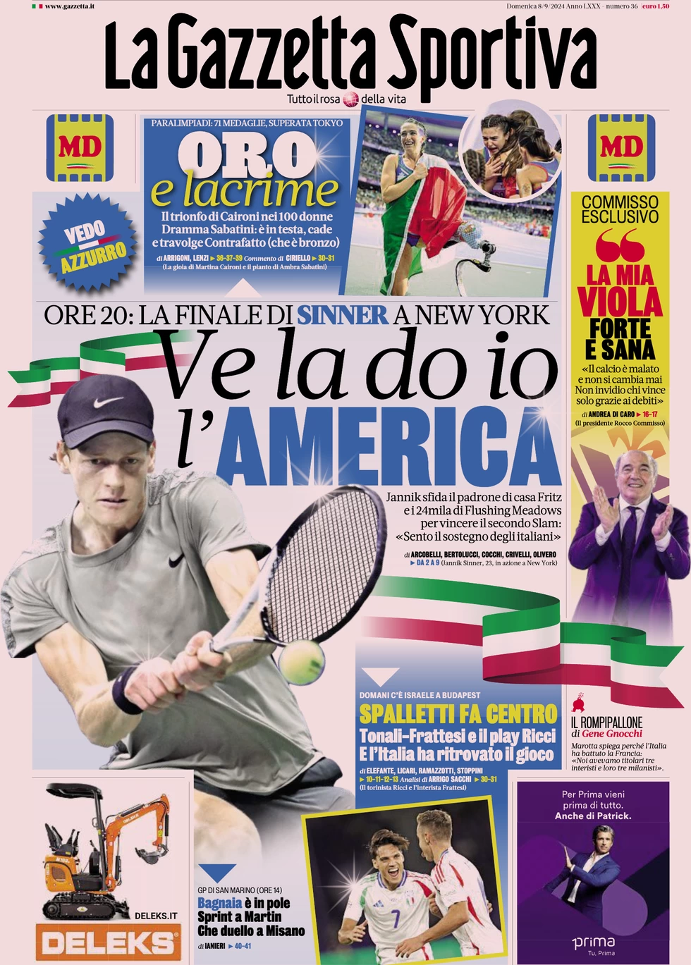 anteprima della prima pagina di la-gazzetta-dello-sport del 08/09/2024