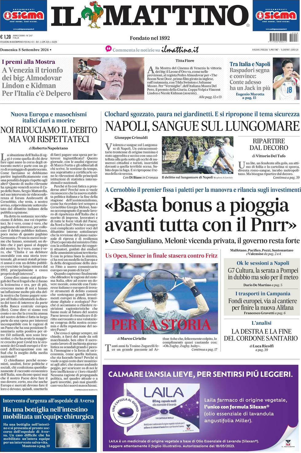 anteprima della prima pagina di il-mattino del 08/09/2024