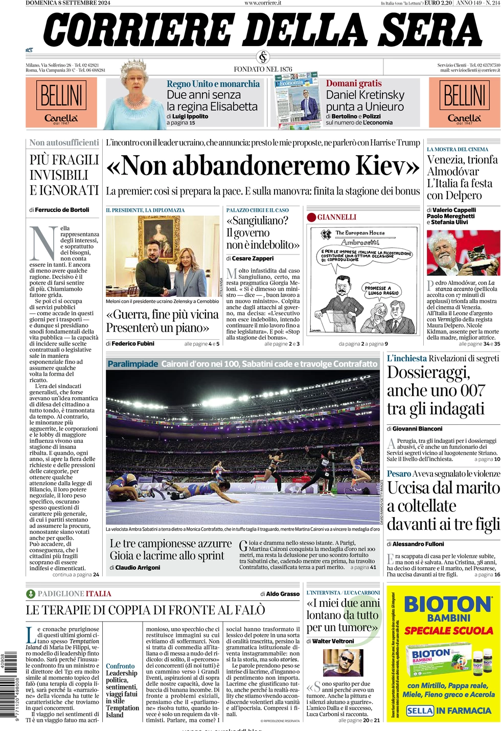 anteprima della prima pagina di corriere-della-sera del 08/09/2024