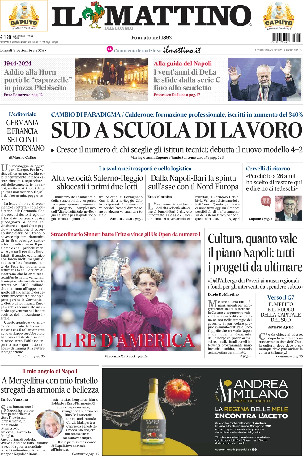 anteprima della prima pagina di il-mattino del 09/09/2024