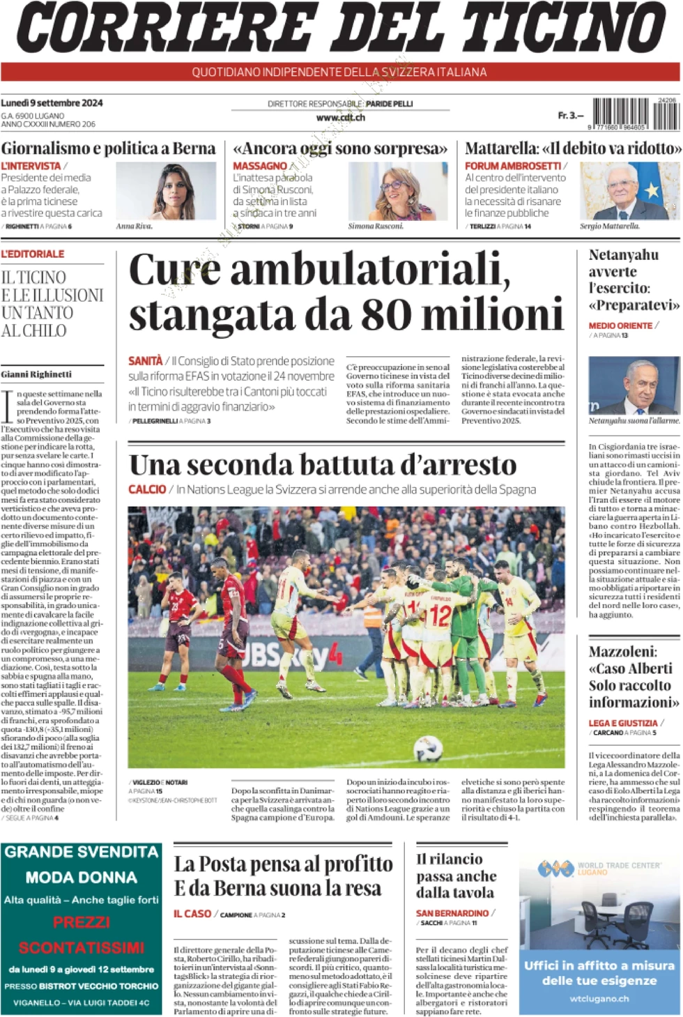 anteprima della prima pagina di corriere-del-ticino del 09/09/2024