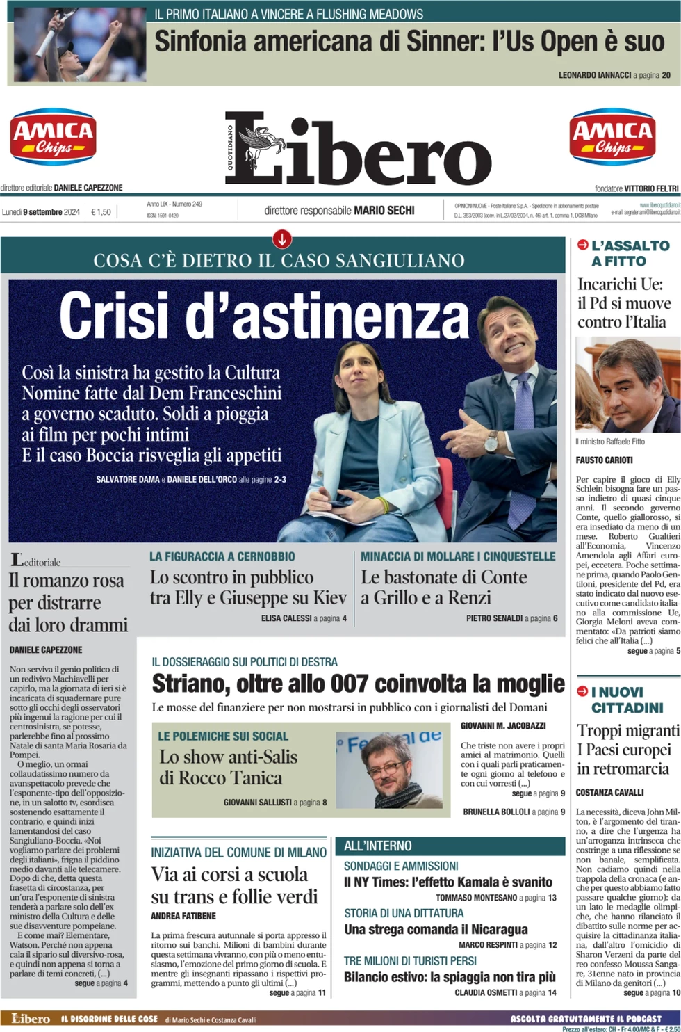 anteprima della prima pagina di libero-quotidiano del 09/09/2024