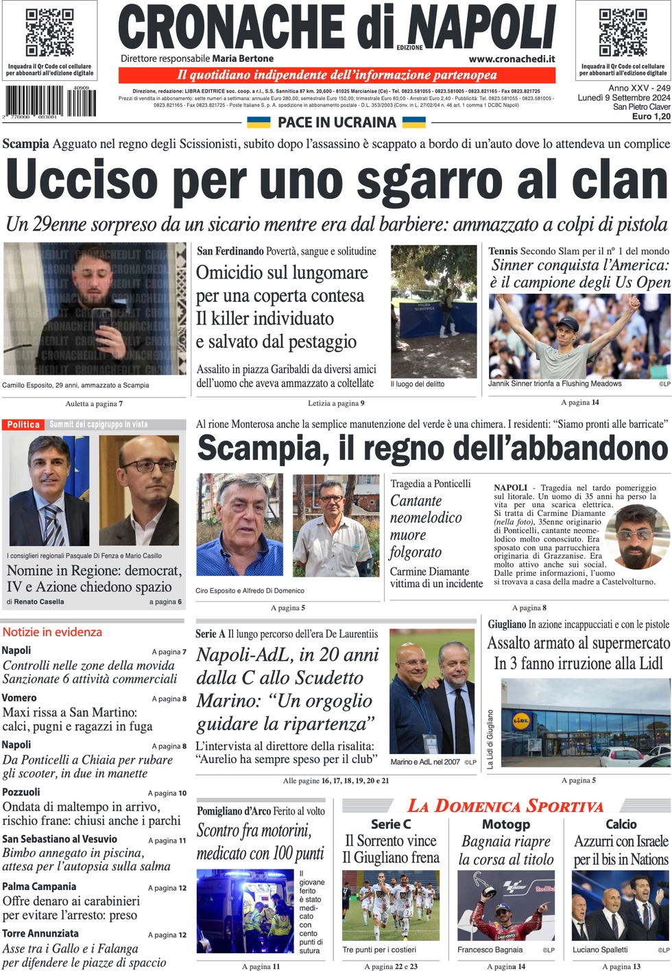 anteprima della prima pagina di cronache-di-napoli del 09/09/2024