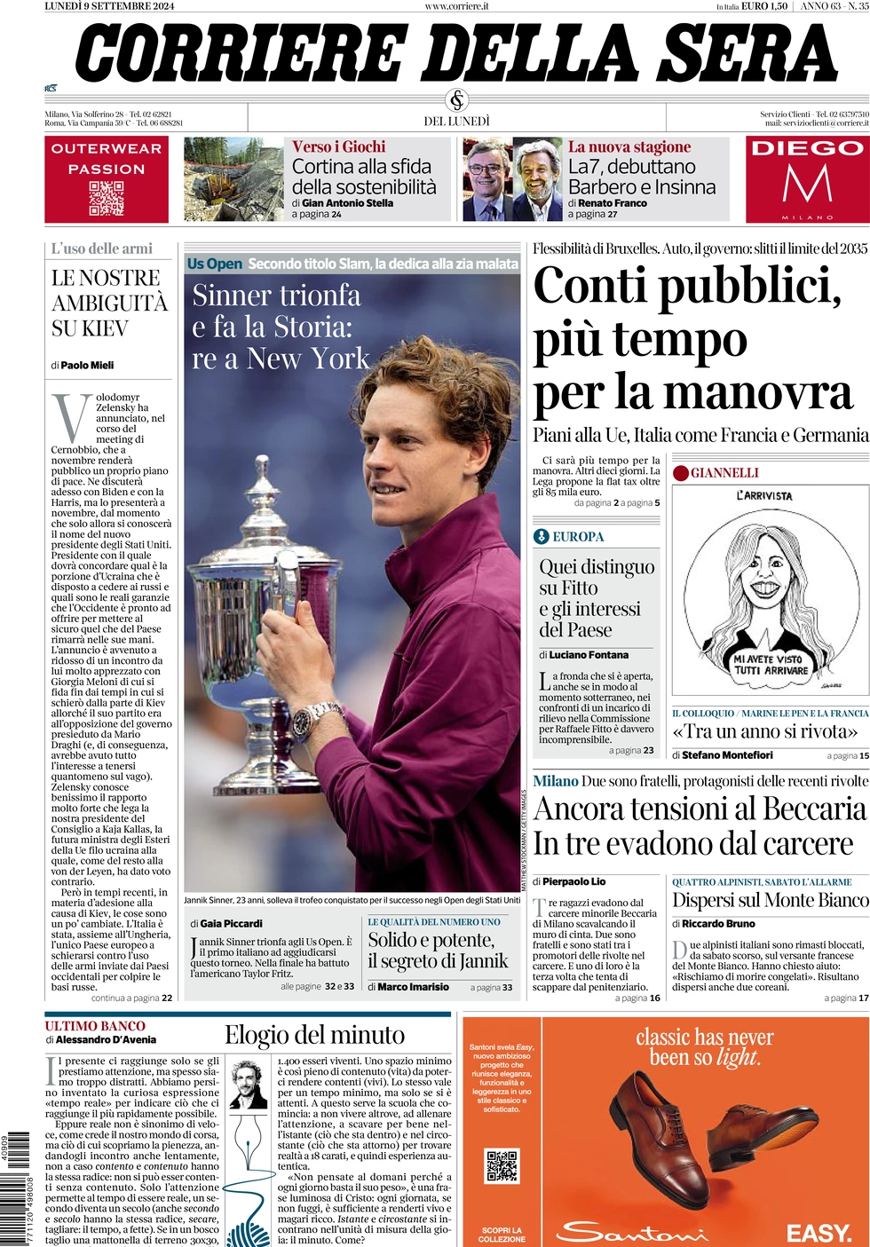 anteprima della prima pagina di corriere-della-sera del 09/09/2024