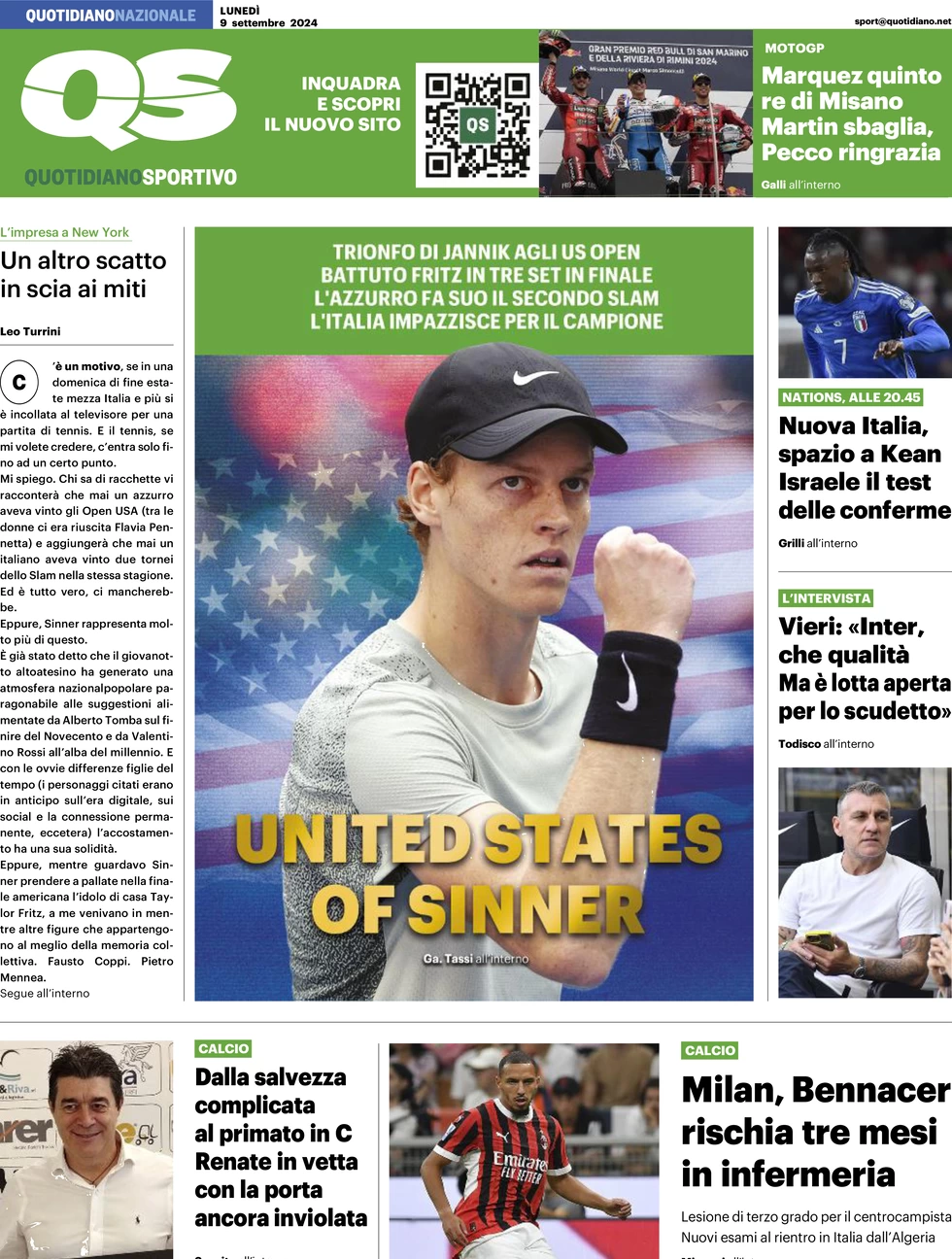 anteprima della prima pagina di qs-quotidiano-sportivo del 09/09/2024