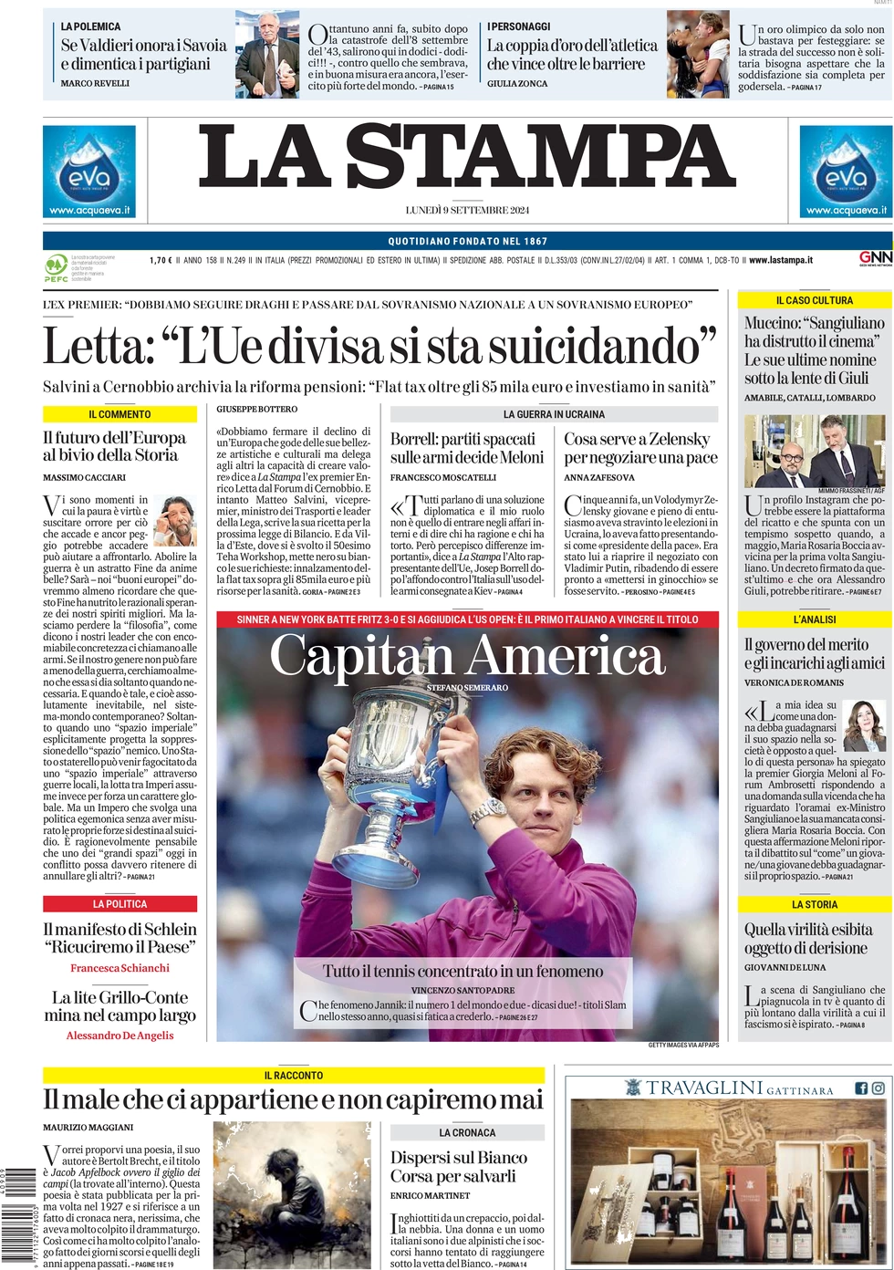 anteprima della prima pagina di la-stampa del 09/09/2024