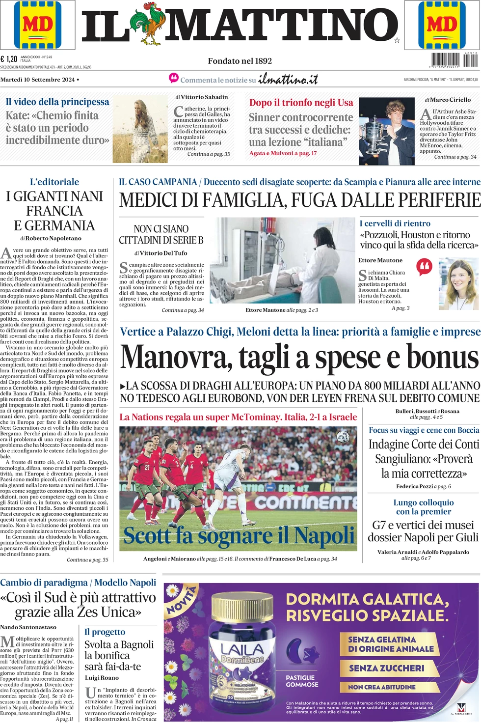 anteprima della prima pagina di il-mattino del 10/09/2024