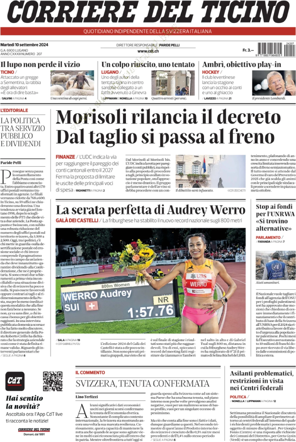 anteprima della prima pagina di corriere-del-ticino del 10/09/2024