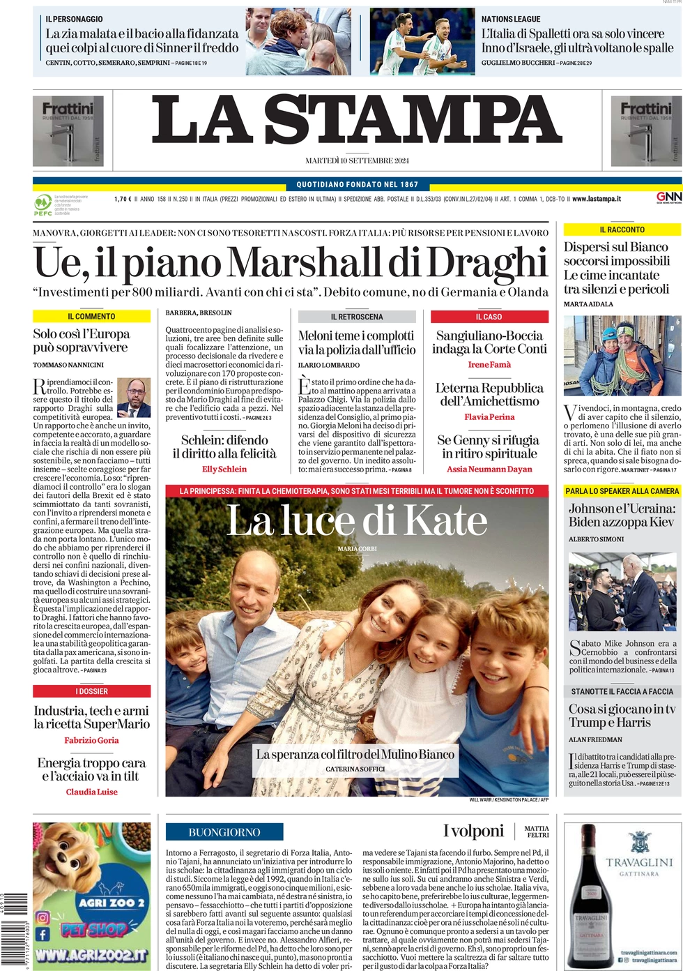 anteprima della prima pagina di la-stampa del 10/09/2024