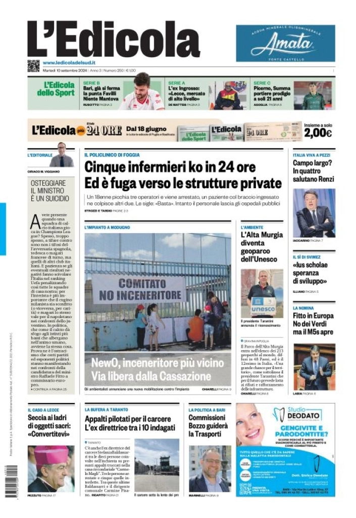anteprima della prima pagina di ledicola-del-sud-bari,-foggia,-basilicata del 10/09/2024