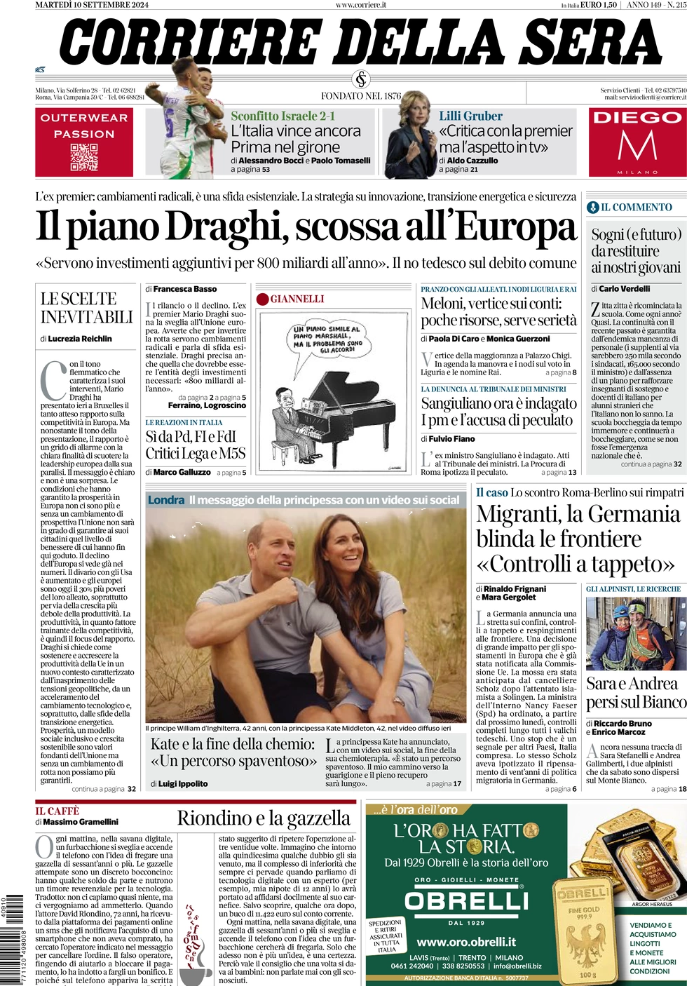 anteprima della prima pagina di corriere-della-sera del 10/09/2024