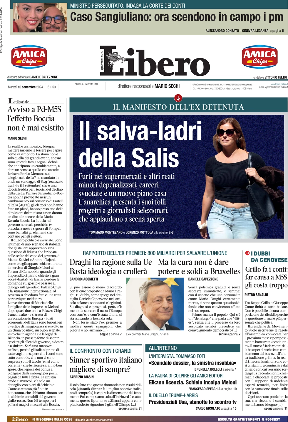 anteprima della prima pagina di libero-quotidiano del 10/09/2024