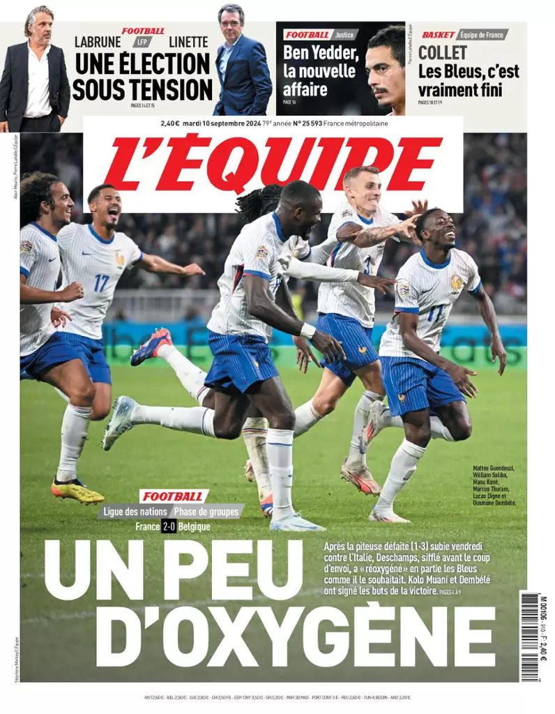 anteprima della prima pagina di lequipe del 10/09/2024