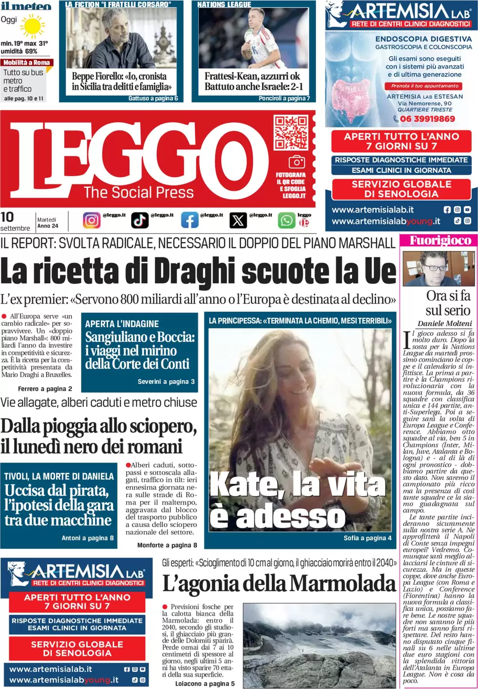 anteprima della prima pagina di leggo-roma del 10/09/2024