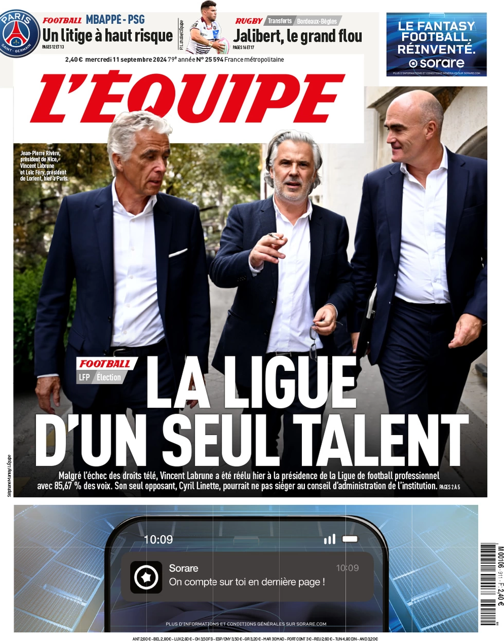 anteprima della prima pagina di lequipe del 11/09/2024