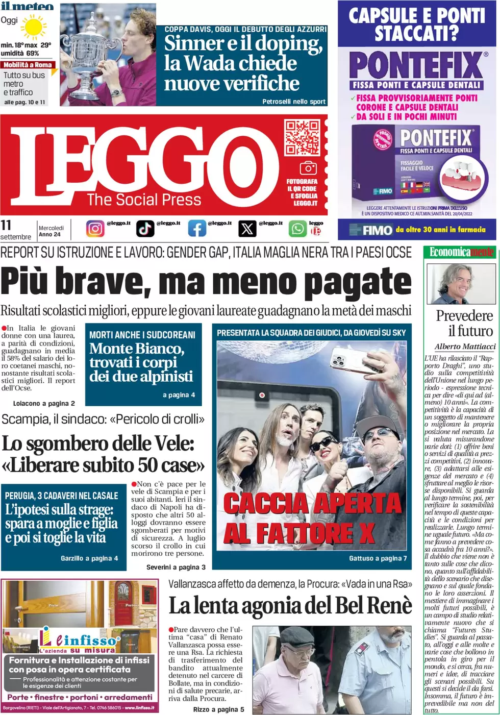 anteprima della prima pagina di leggo-roma del 11/09/2024