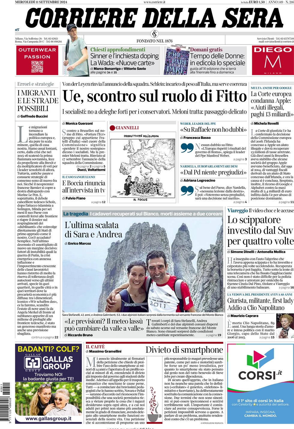 anteprima della prima pagina di corriere-della-sera del 11/09/2024