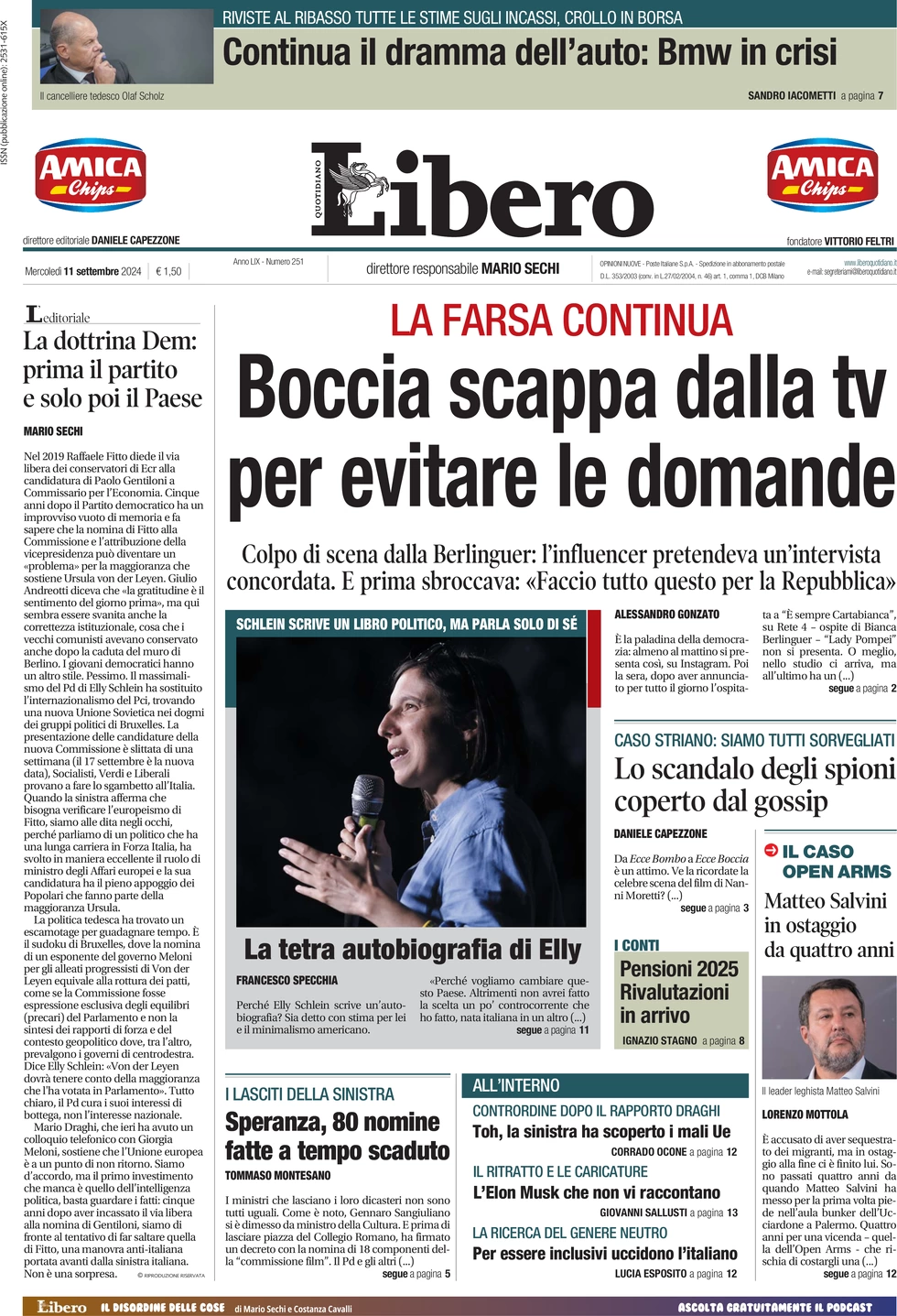 anteprima della prima pagina di libero-quotidiano del 11/09/2024