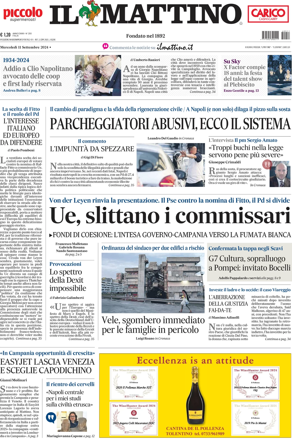 anteprima della prima pagina di il-mattino del 11/09/2024