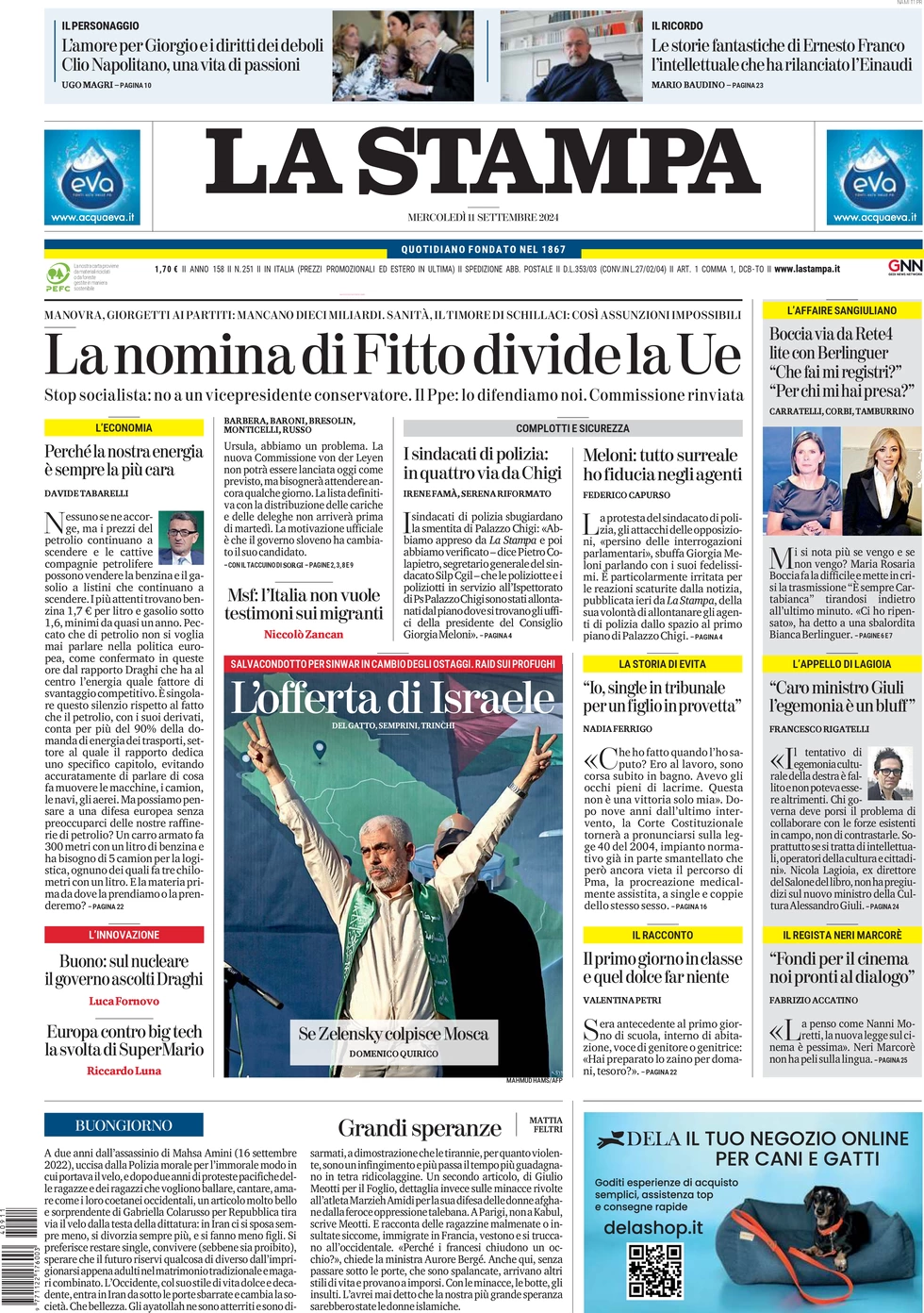 anteprima della prima pagina di la-stampa del 11/09/2024