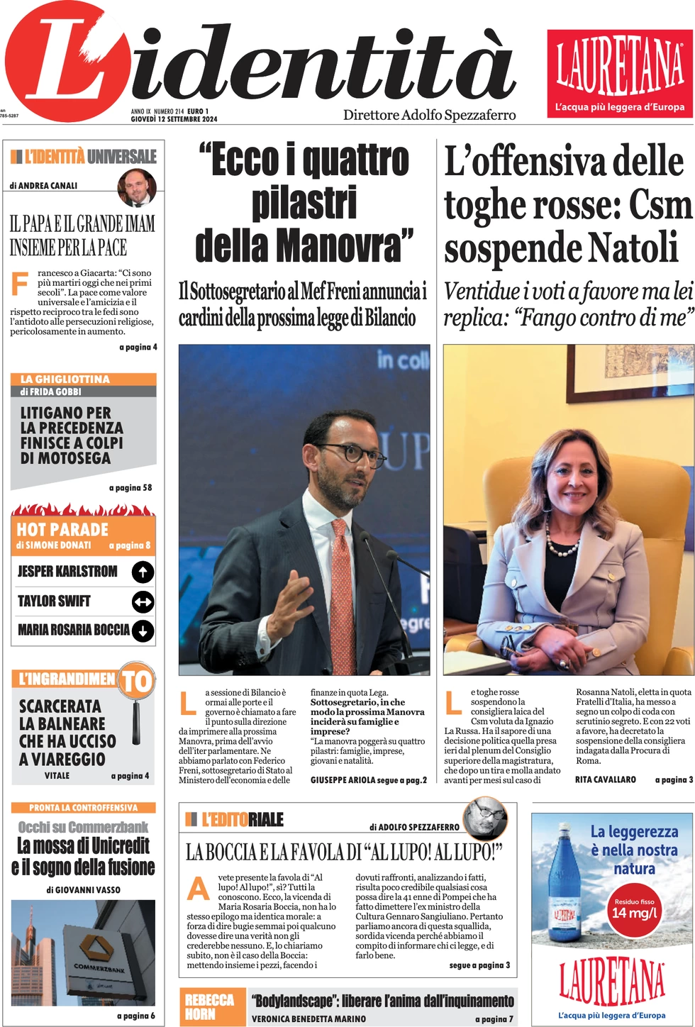 anteprima della prima pagina di lidentit del 11/09/2024
