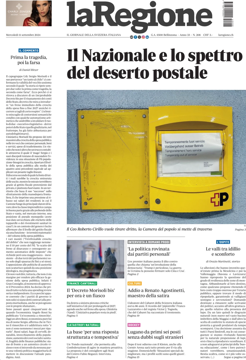 anteprima della prima pagina di la-regione del 11/09/2024