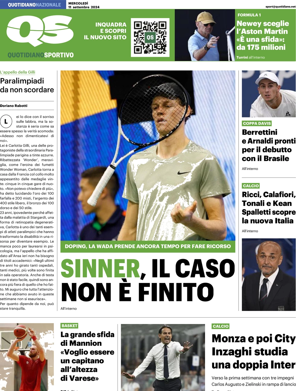 anteprima della prima pagina di qs-quotidiano-sportivo del 11/09/2024