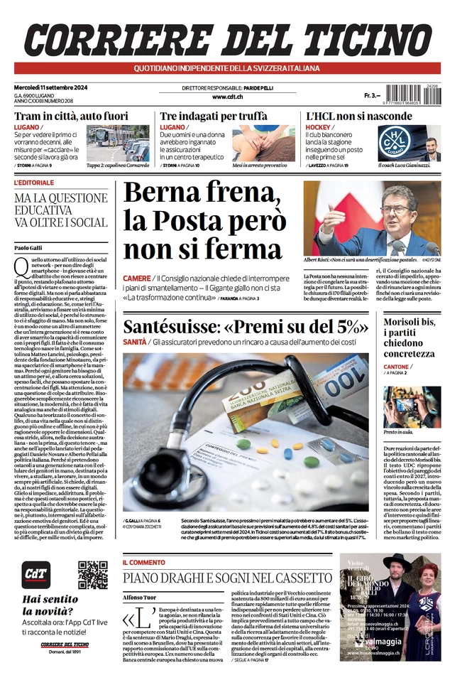 anteprima della prima pagina di corriere-del-ticino del 11/09/2024