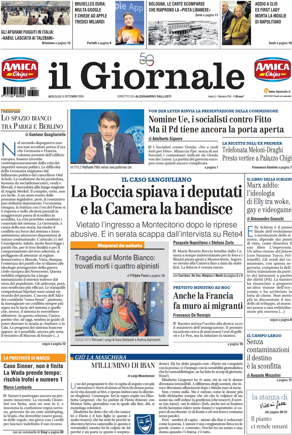 anteprima della prima pagina di il-giornale del 11/09/2024