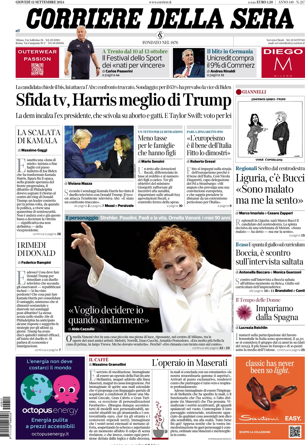 anteprima della prima pagina di corriere-della-sera del 12/09/2024