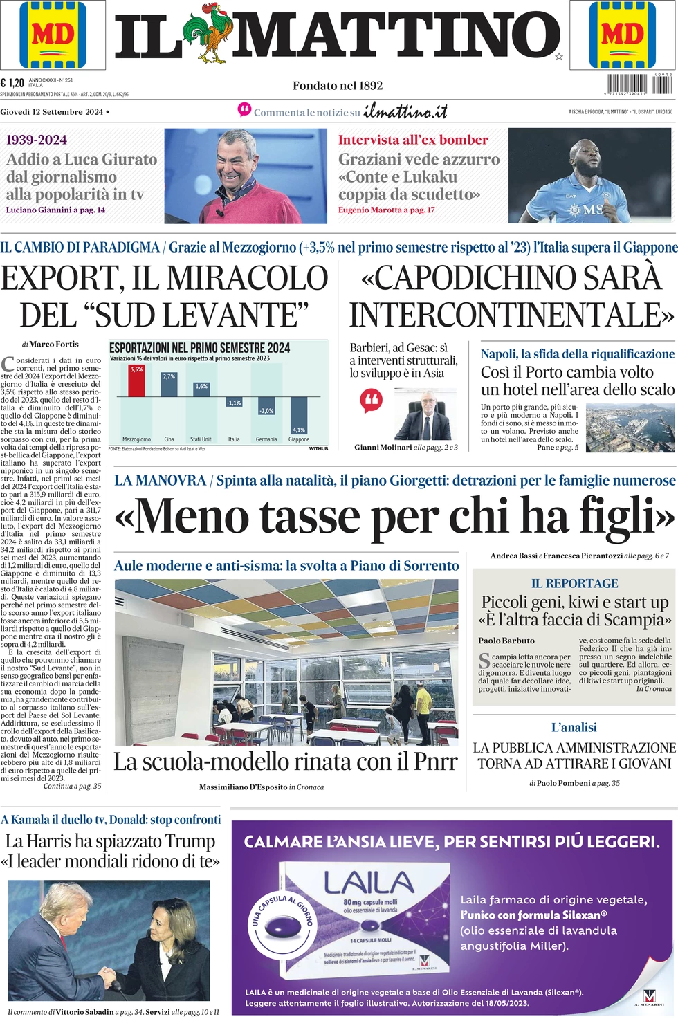 anteprima della prima pagina di il-mattino del 12/09/2024