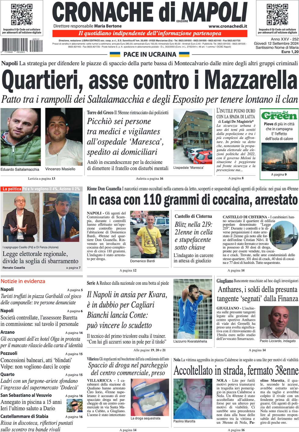 anteprima della prima pagina di cronache-di-napoli del 12/09/2024