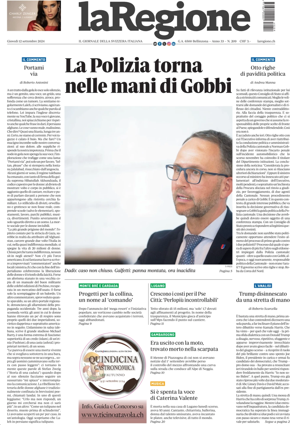 anteprima della prima pagina di la-regione del 12/09/2024