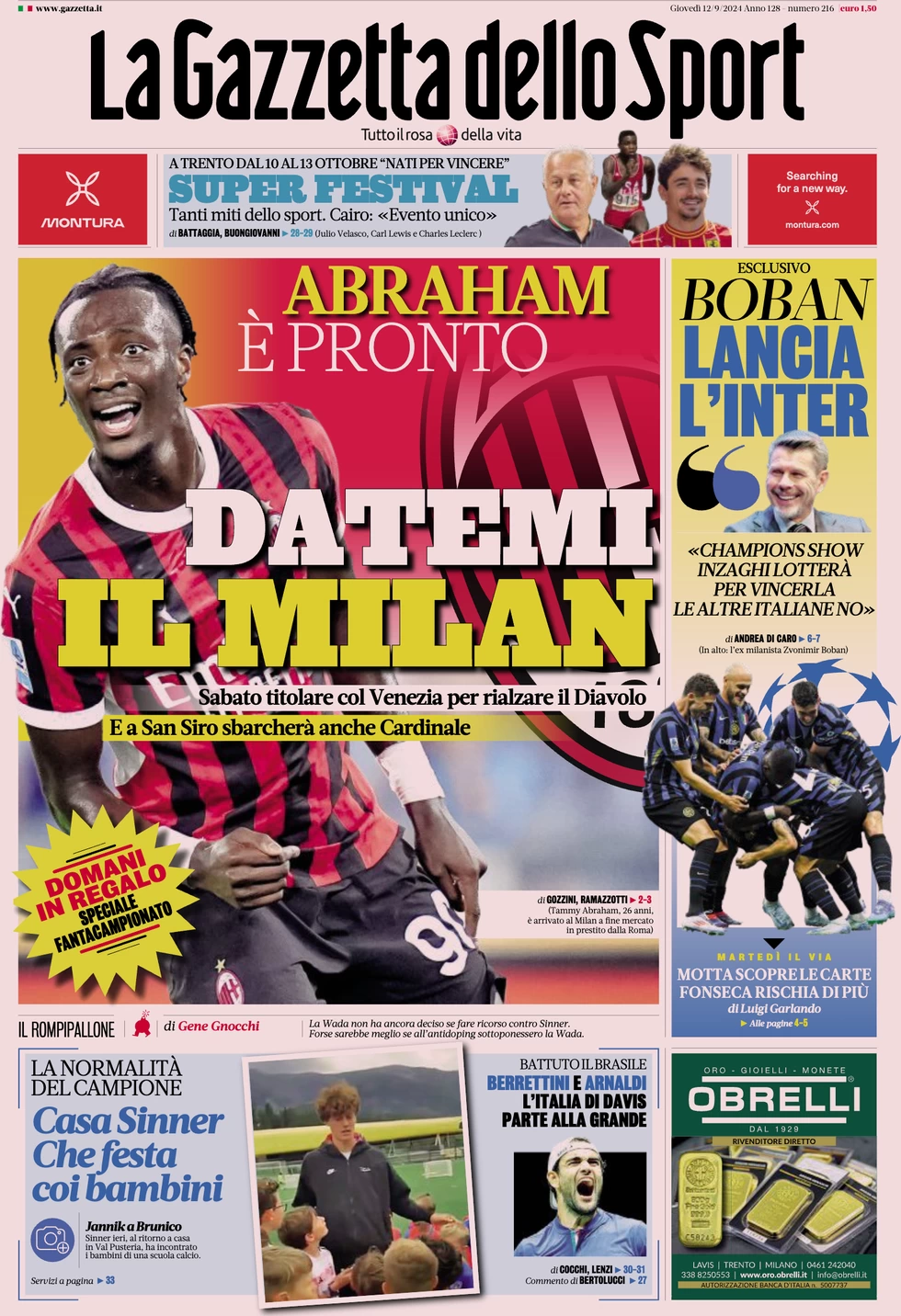 anteprima della prima pagina di la-gazzetta-dello-sport del 12/09/2024