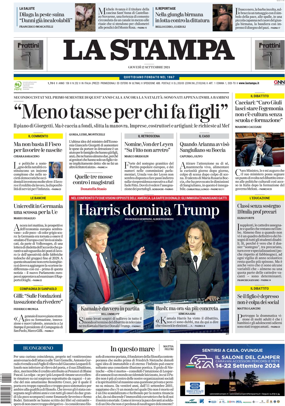 anteprima della prima pagina di la-stampa del 12/09/2024