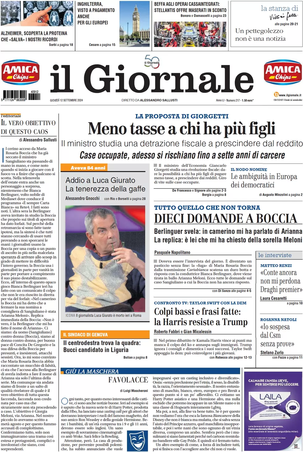 anteprima della prima pagina di il-giornale del 12/09/2024