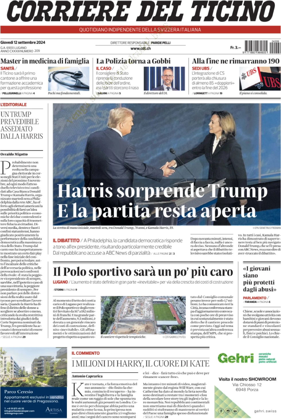 anteprima della prima pagina di corriere-del-ticino del 12/09/2024