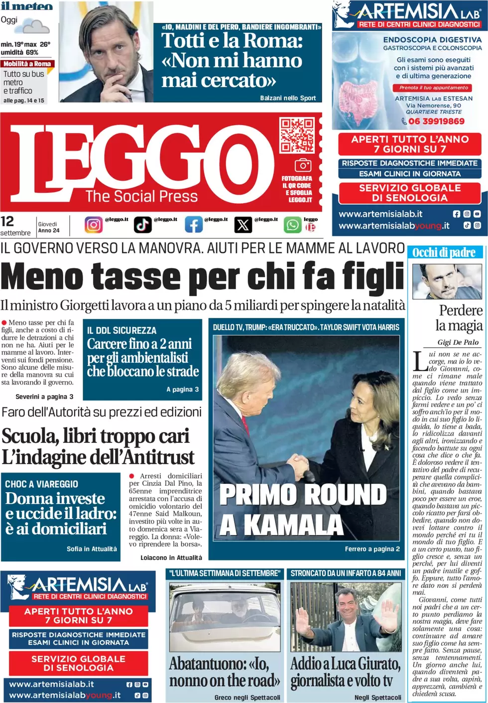 anteprima della prima pagina di leggo-roma del 12/09/2024