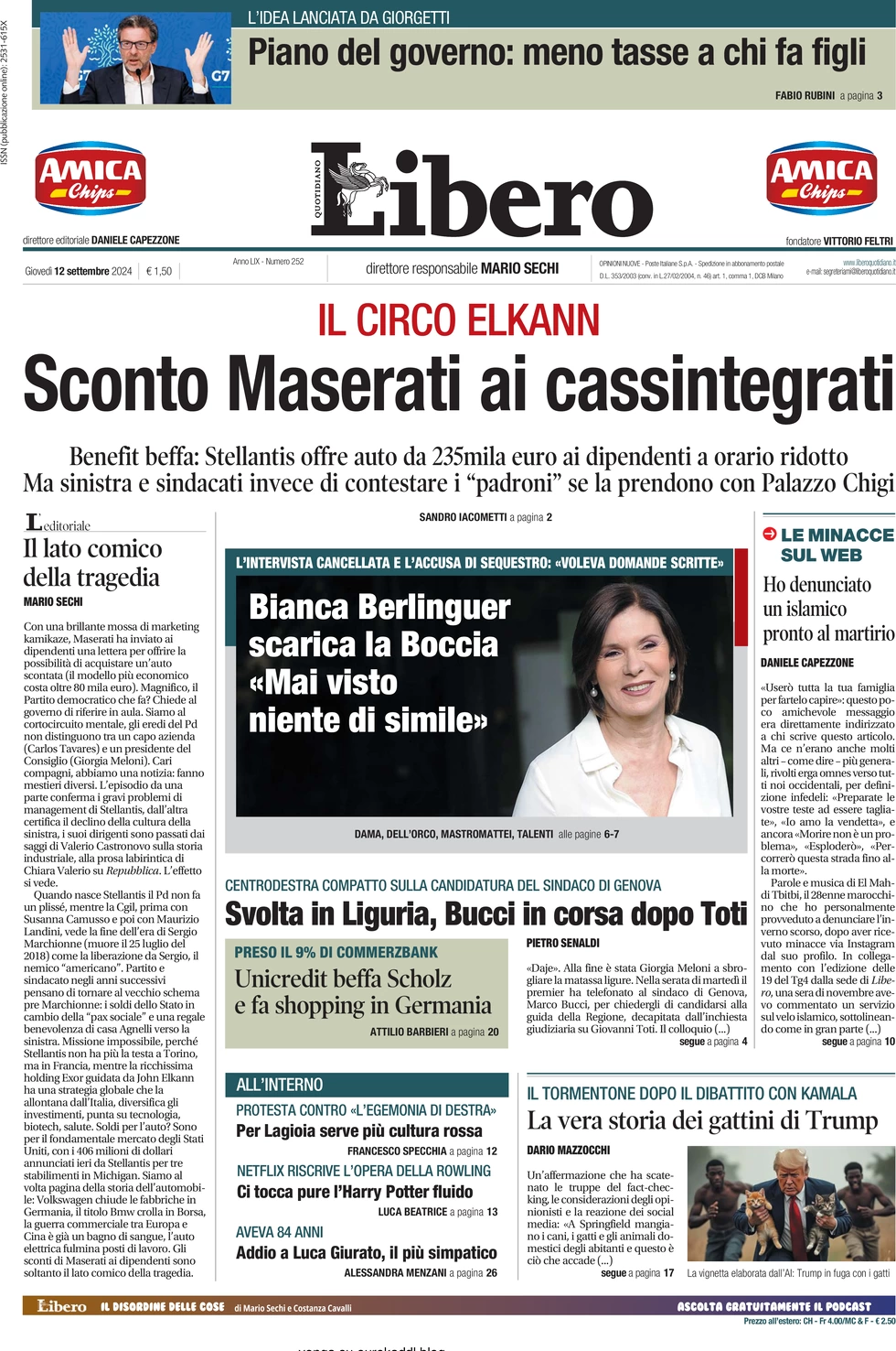 anteprima della prima pagina di libero-quotidiano del 12/09/2024