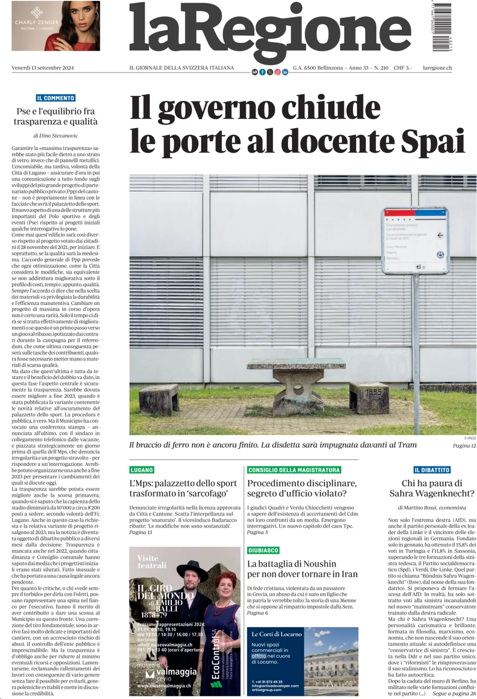 anteprima della prima pagina di la-regione del 13/09/2024