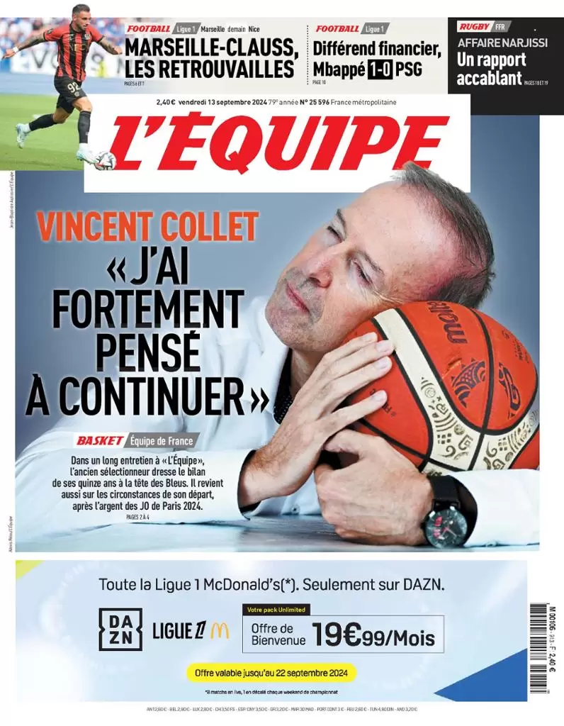 anteprima della prima pagina di lequipe del 13/09/2024