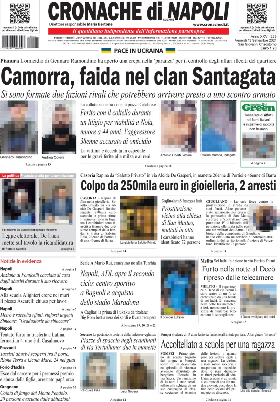 anteprima della prima pagina di cronache-di-napoli del 13/09/2024