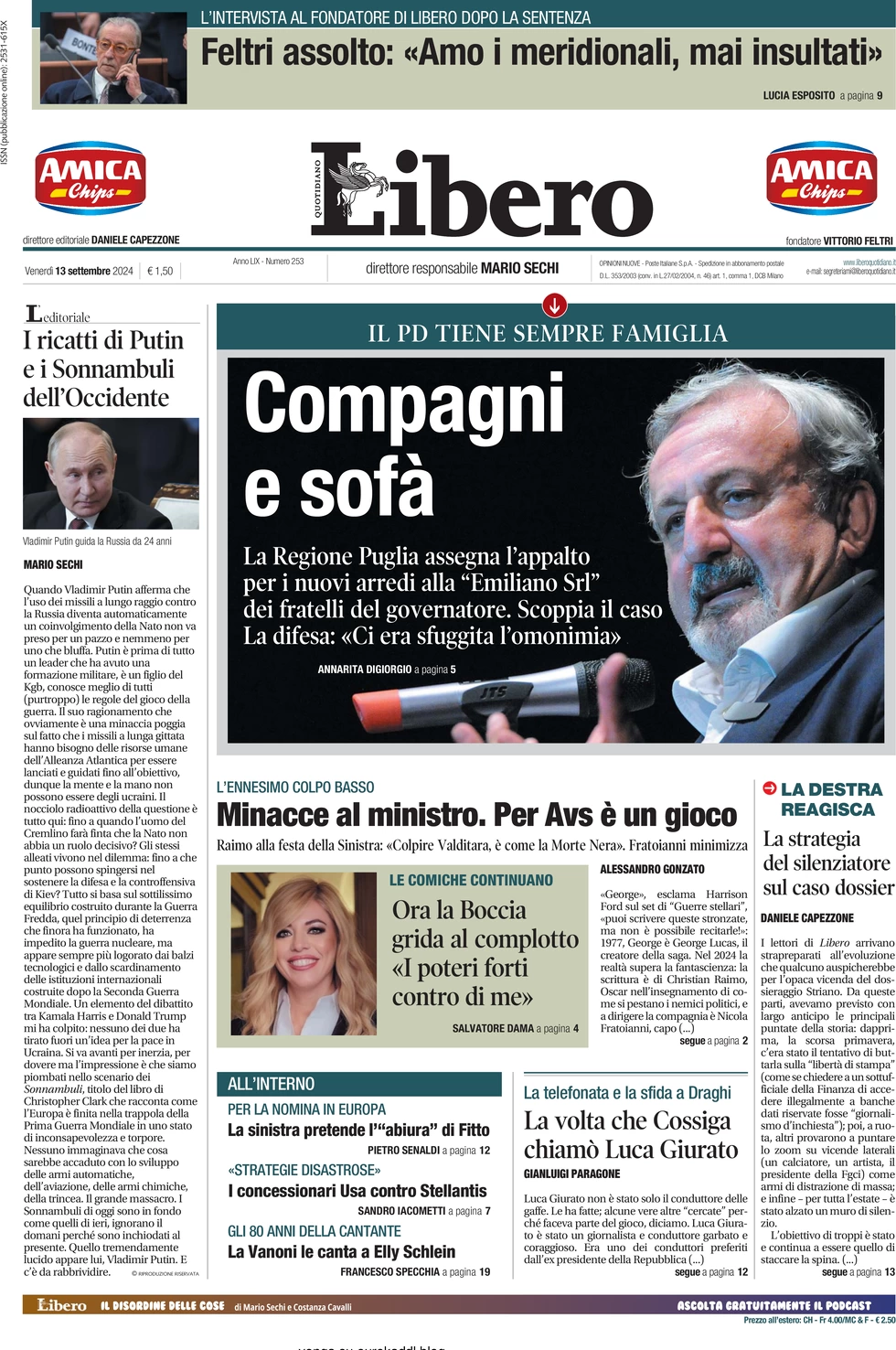 anteprima della prima pagina di libero-quotidiano del 13/09/2024